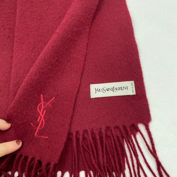 YSL Burgundy Wine Fringe Wool & Cashmere Scarf - Picture 3 of 4